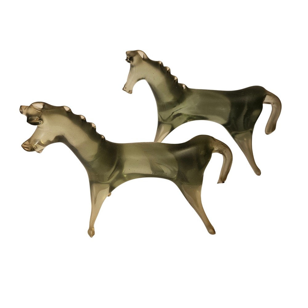 Pair of Vintage Hand-blown Smoked Green Glass Horses Figurine Equestrian READ